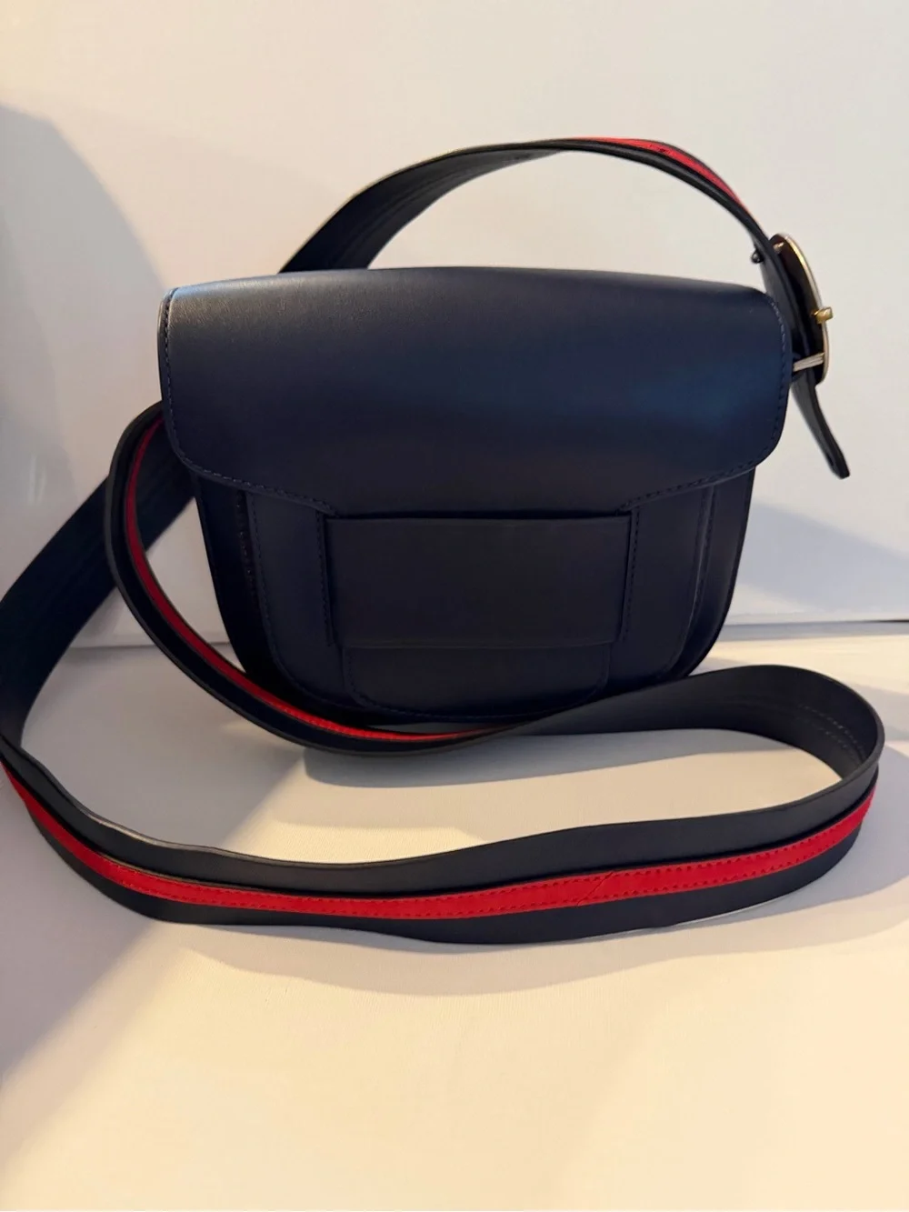 Navy Blue Leather Saddle Crossbody Bag with Navy Blue/Red-Trim Strap